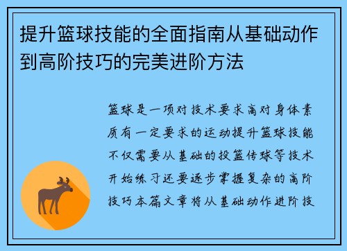 提升篮球技能的全面指南从基础动作到高阶技巧的完美进阶方法