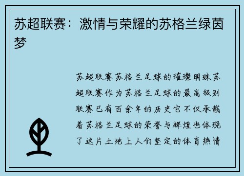 苏超联赛：激情与荣耀的苏格兰绿茵梦