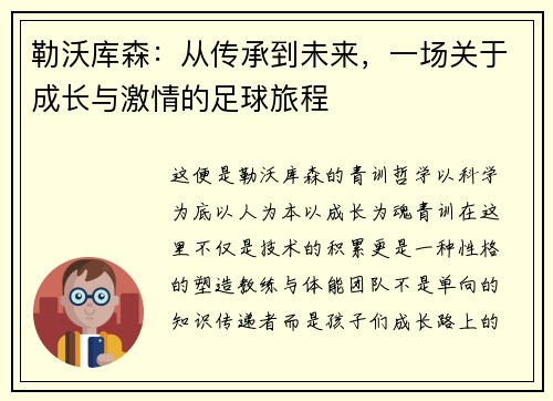 勒沃库森：从传承到未来，一场关于成长与激情的足球旅程
