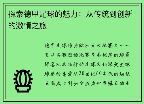 探索德甲足球的魅力：从传统到创新的激情之旅