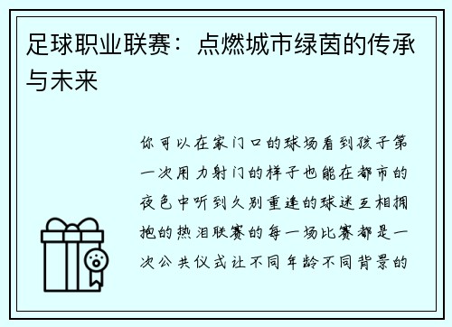 足球职业联赛：点燃城市绿茵的传承与未来